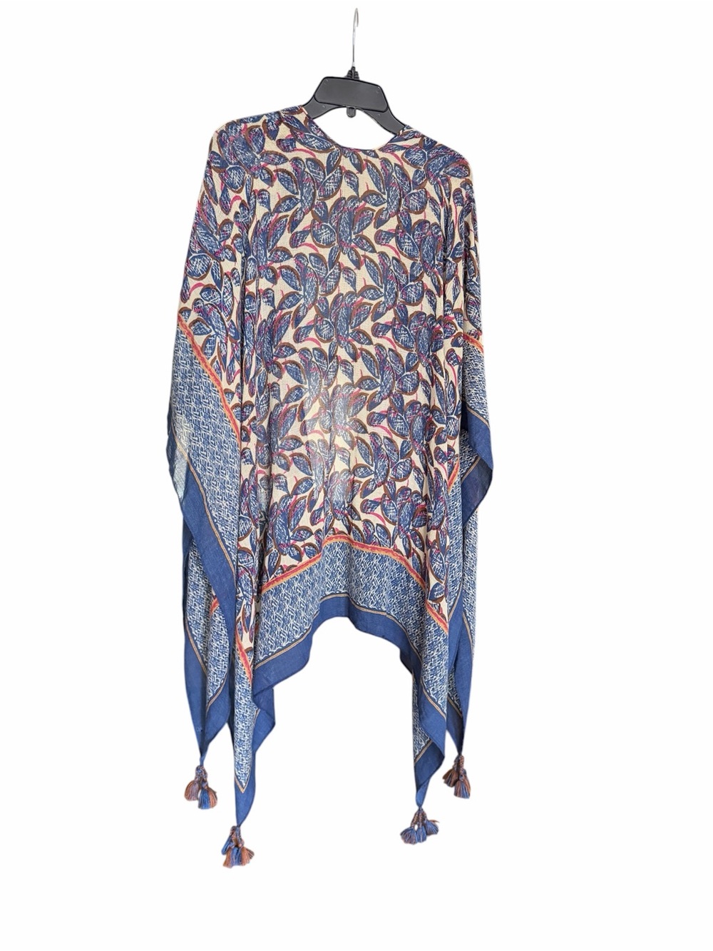 Floral Leaf Print Tassel Kimono - Blue & Cream - Picture 2 of 4